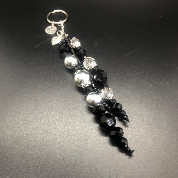 Beaded Keychain | 3 Strands w/ Black Faceted Onyx, Seed Beads + Heart & Compass - Picture 3 of 16